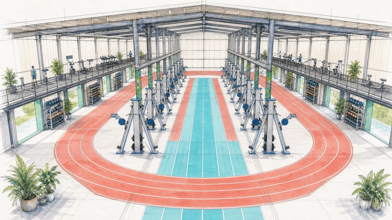 Konzeptvisualisierung des DOC ATHLETIC Eco Centers mit Laufbahnen und Trainingsstationen